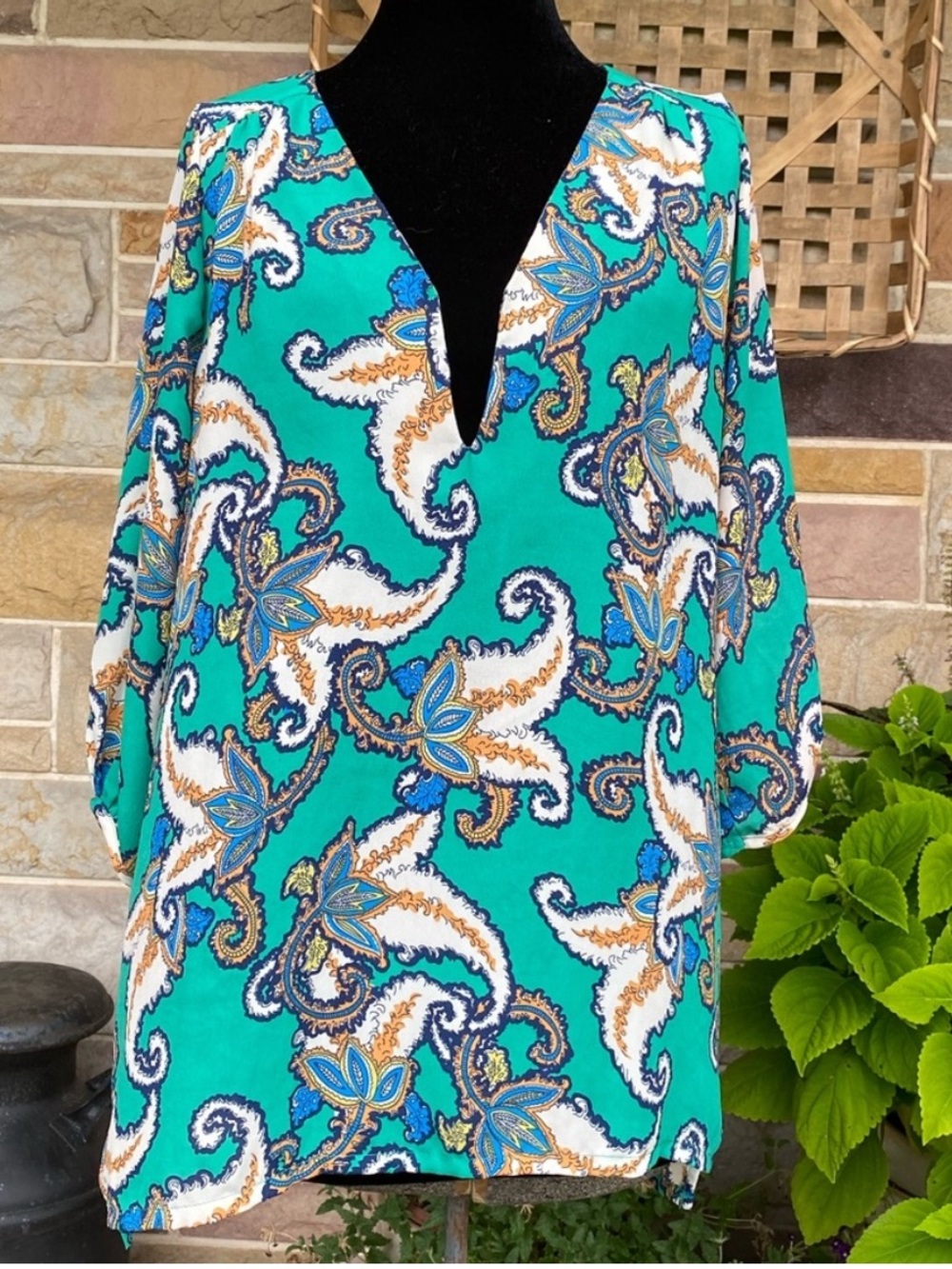 Francesca’s Green Paisley Split Neck Tunic Top